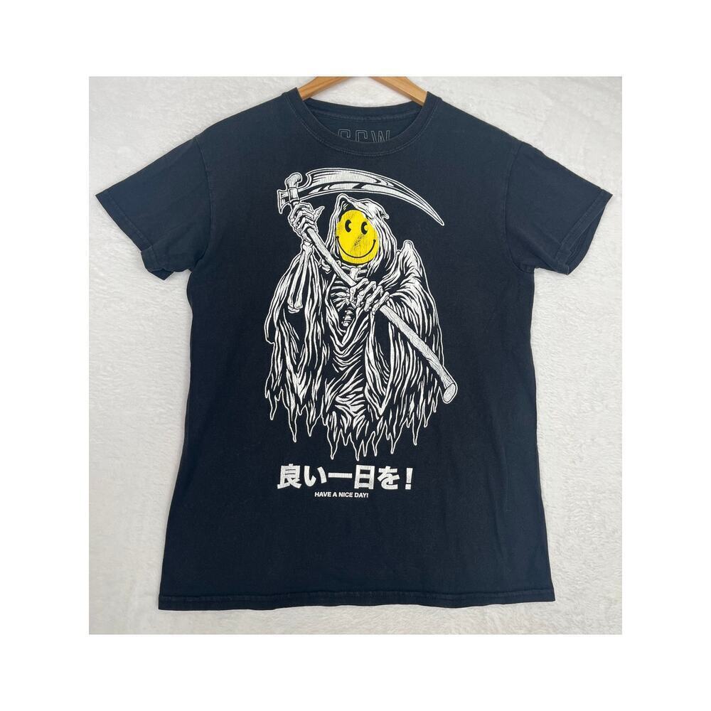 SCW Grim Reaper Smiley Face Baby Tee Black Graphic Tee Japan Streetwear size S